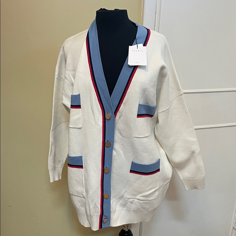 NWT Sandro elegant Cream Cardigan with Blue and Red Trim pockets gold buttons